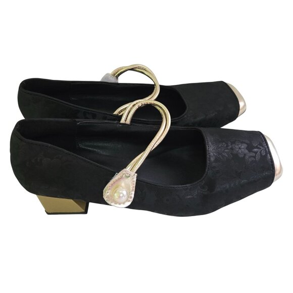 Jaquard Satin Gold Block Heel Cap Toe Pearl Detail Maryjane Shoes Size 40/9.5 - Picture 2 of 10